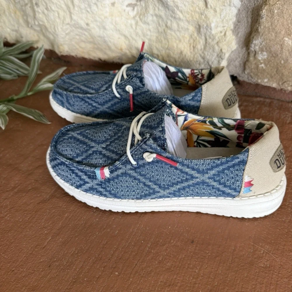 HEY DUDE Wendy Boho Aztec Women's Slip On Shoes Tru Blue US 6